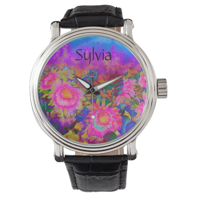 Sunflower Fields forever -pink - monogram Watch (Front)
