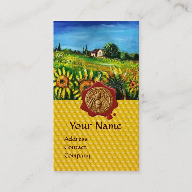 SUNFLOWER FIELDS,HONEY BEE RED WAX SEAL ,BEEKEEPER BUSINESS CARD (Front)