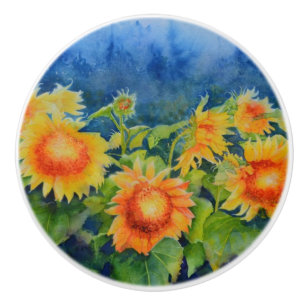 Sunflower fields orange yellow florals ceramic knob