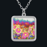 Sunflower Fields Silver Plated Necklace<br><div class="desc">Romantic vibrant watercolor sunflower fields - blue,  purple,  teal,  pink and yellow watercolor sunflower painting</div>