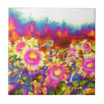 Sunflower Fields Tile<br><div class="desc">romantic surreal abstract psychedelic watercolor sunflower fields -</div>