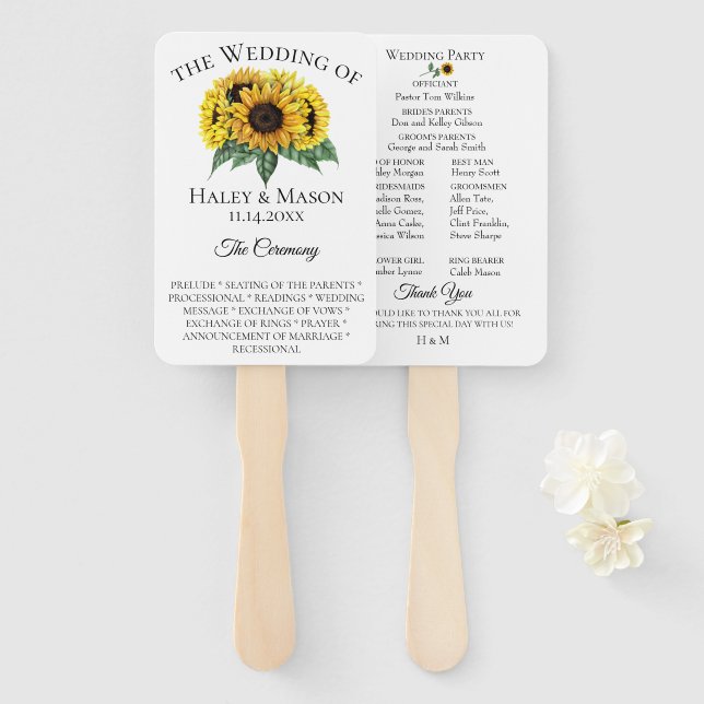 Sunflower Fields Wedding Program Hand Fan (Front and Back)