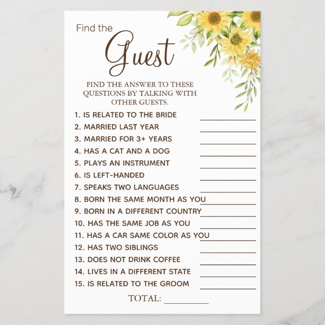 Sunflower Find the Guest Bridal shower game card Flyer (Front)