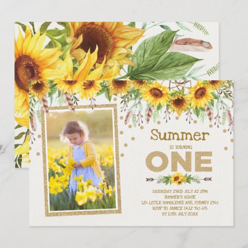 Sunflower First 1st Birthday Yellow Summer Floral Invitation