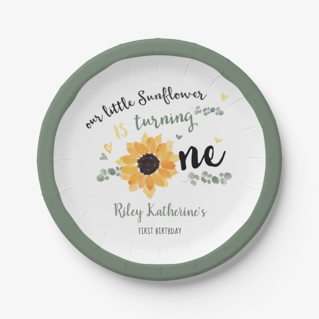 Sunflower First Birthday Floral Paper Plates (Front)