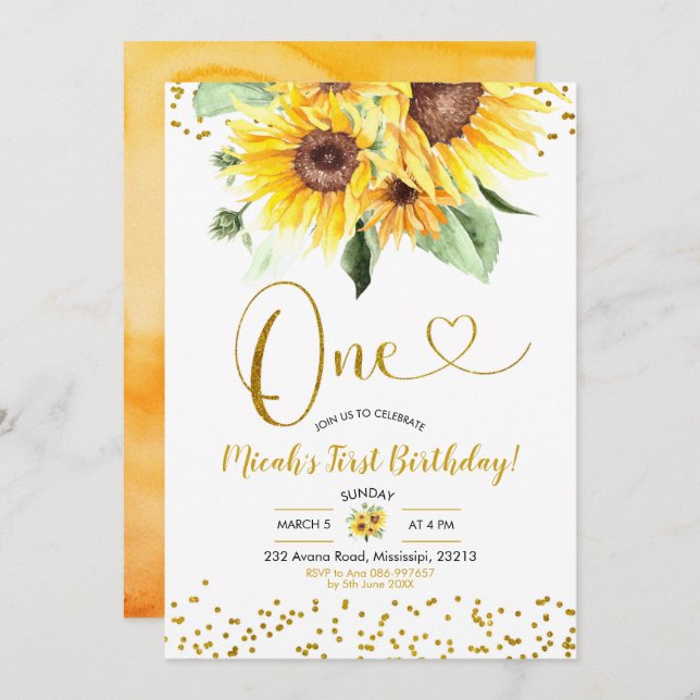 Sunflower First Birthday invitation (Front/Back)
