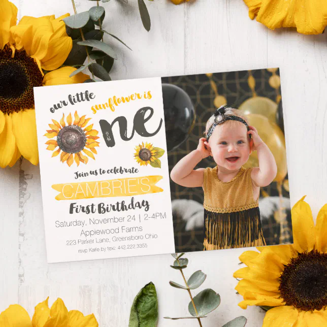 Sunflower First Birthday Photo Invitation | Zazzle