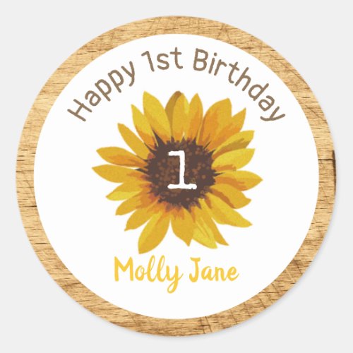 Sunflower First Birthday Rustic Wood Classic Round Sticker