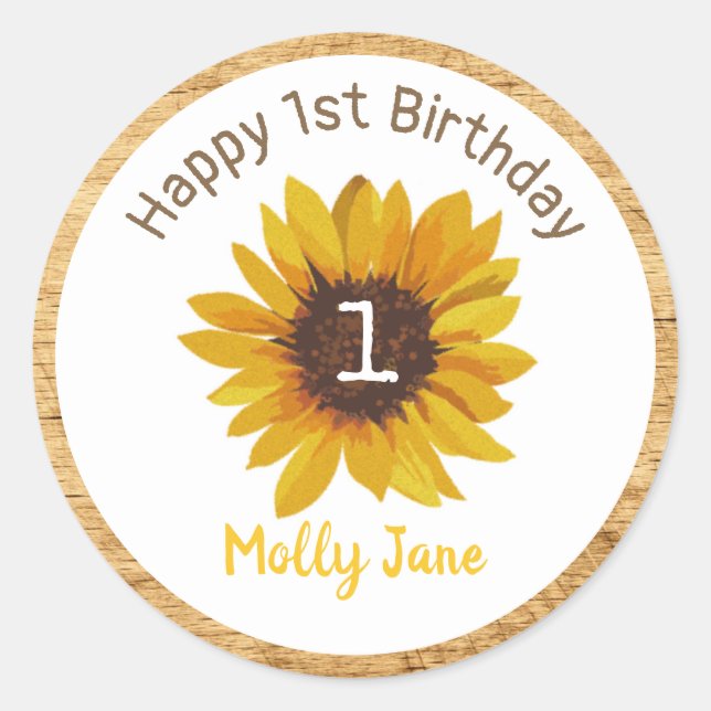 Sunflower First Birthday Rustic Wood Classic Round Sticker (Front)