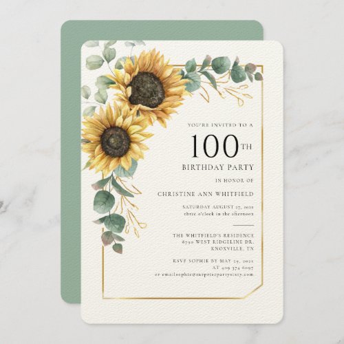 Sunflower Floral 100th Birthday Invitation