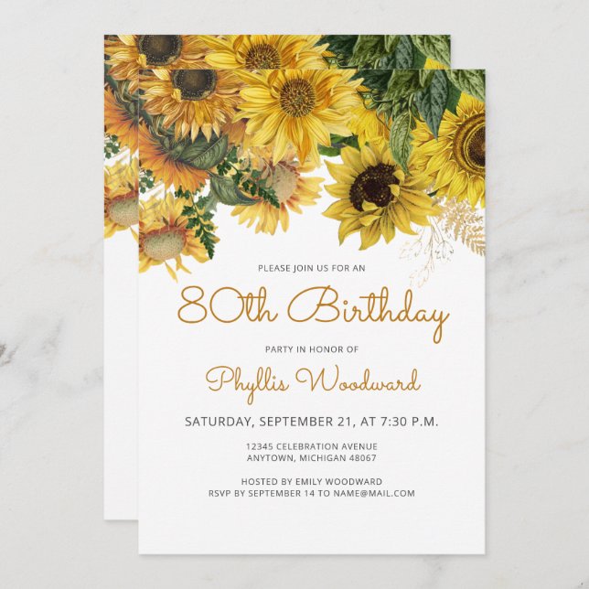Sunflower Floral 80th Birthday Party Invitation (Front/Back)