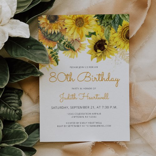 Sunflower Floral 80th Birthday Party Invitation