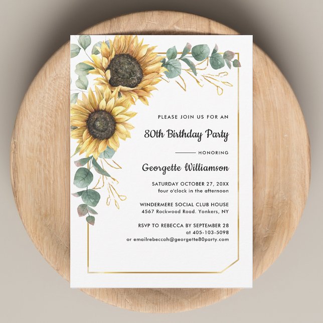 Sunflower Floral 80th Birthday Party Invitation (Sunflower Eucalyptus Floral 80th Birthday Party Invitation)