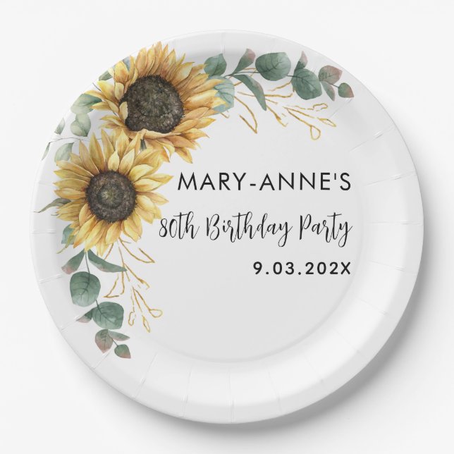 Sunflower Floral 80th Birthday Party Paper Plates (Front)