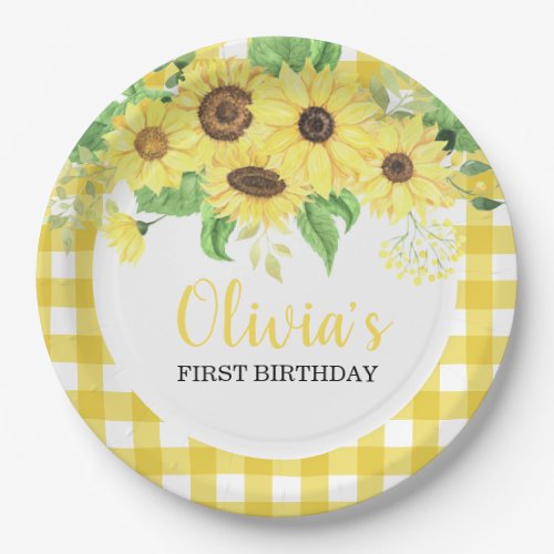 Sunflower Floral and Plaid Summer First Birthday Paper Plates