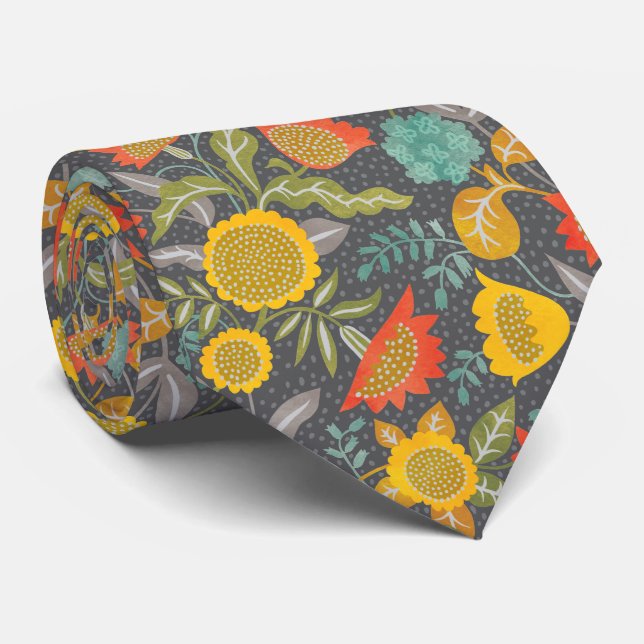 Sunflower Floral Autumn Garden Whimsical Pattern Neck Tie (Rolled)