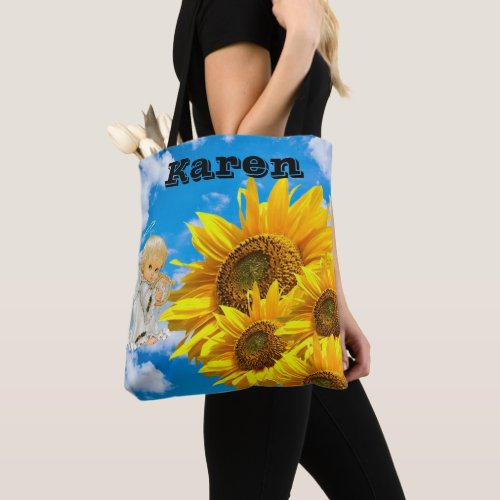 Sunflower Floral Baby Angel Sky Tote Bag
