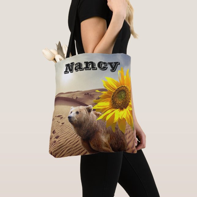 Sunflower Floral Bear Tote Bag (Close Up)