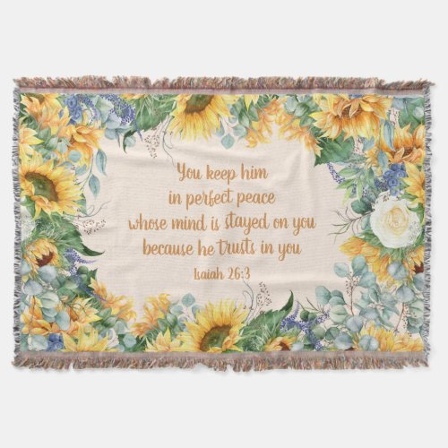 Sunflower Floral Bible Verse Keep Perfect Peace    Throw Blanket