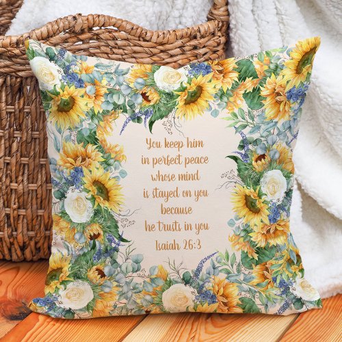 Sunflower Floral Bible Verse Keep Perfect Peace    Throw Pillow