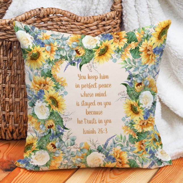 Sunflower Floral Bible Verse Keep Perfect Peace    Throw Pillow (Sunflower Christian Bible verse pillow)