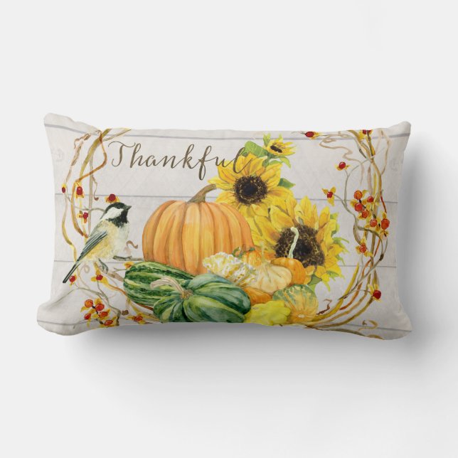 Sunflower Floral Bird Watercolor Fall Pumpkins Lumbar Pillow (Front)