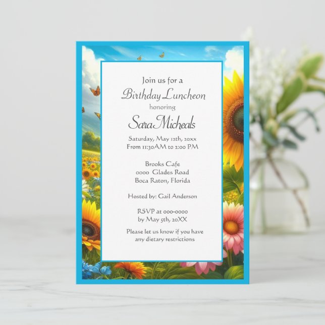 Sunflower Floral  Birthday Lunch  Invitation (Standing Front)