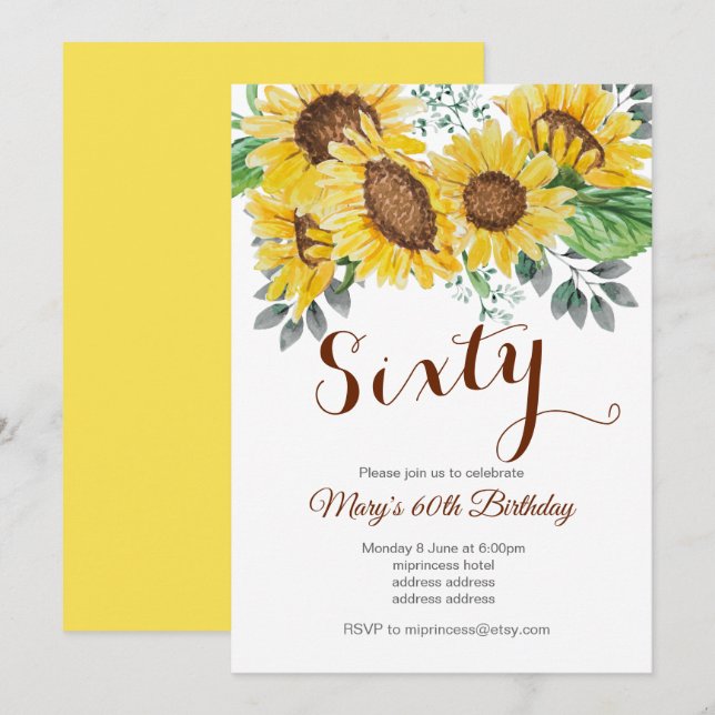 sunflower, floral birthday party invitation (Front/Back)