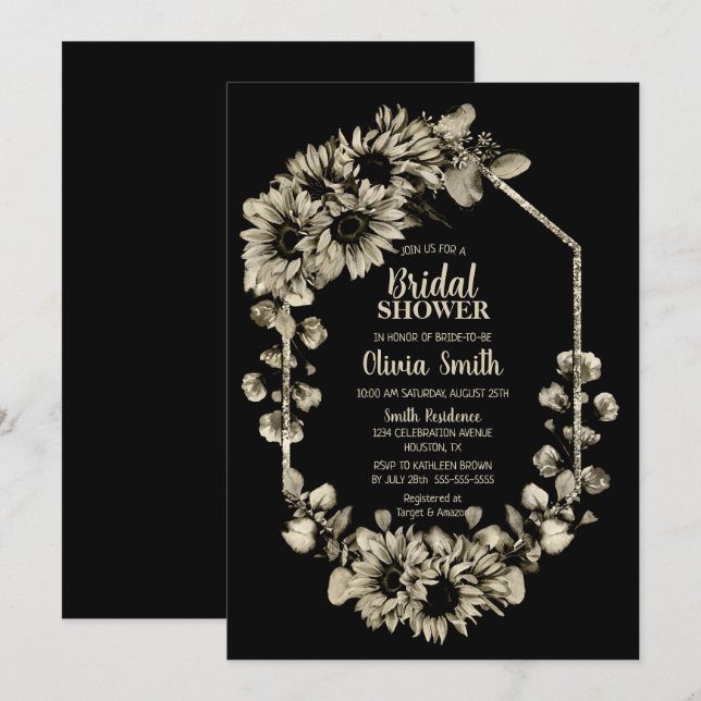 Sunflower Floral Black Bridal Shower Invitation (Front/Back)