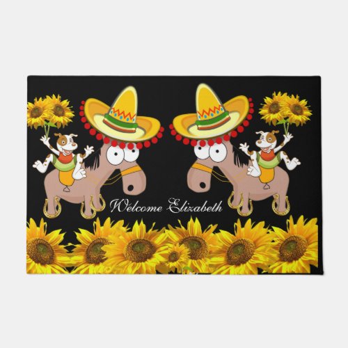 Sunflower Floral Black Horse  Door Mat