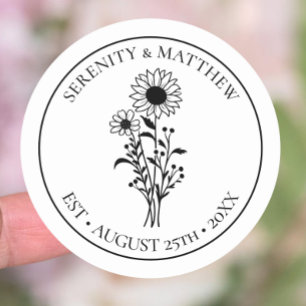 Sunflower Floral Black White Just Married Wedding Classic Round Sticker