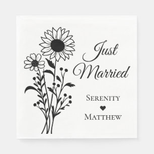 Sunflower Floral Black White Just Married Wedding Napkins