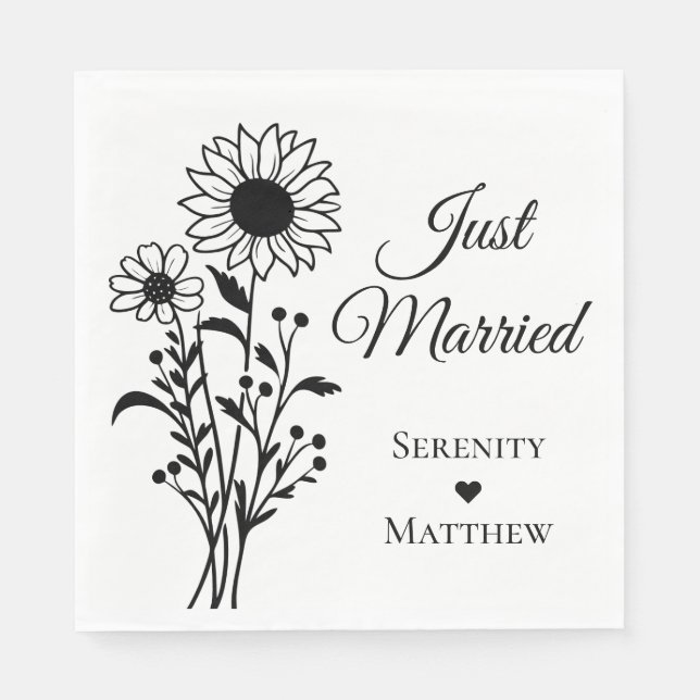 Sunflower Floral Black White Just Married Wedding  Napkins (Front)