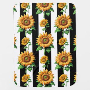 Sunflower Floral Black White Stripes  Baby Blanket