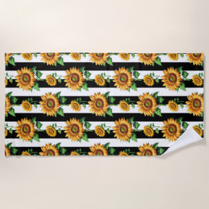 Sunflower Floral Black White Stripes Beach Towel