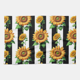 Sunflower Floral Black White Stripes Kitchen Towel