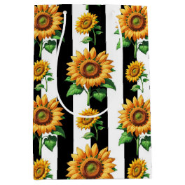 Sunflower Floral Black White Stripes Medium Gift Bag