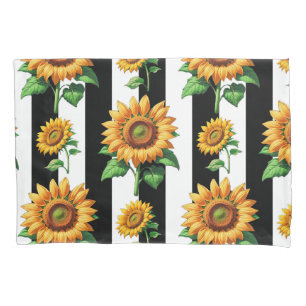 Sunflower Floral Black White Stripes  Pillow Case