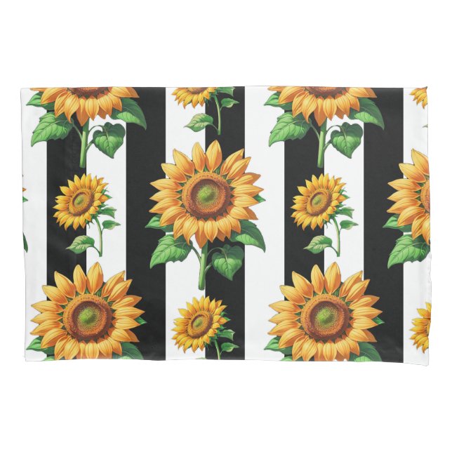 Sunflower Floral Black White Stripes  Pillow Case (Front)