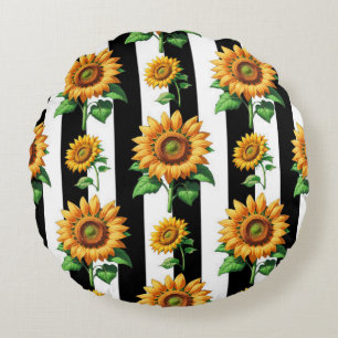 Sunflower Floral Black White Stripes  Round Pillow