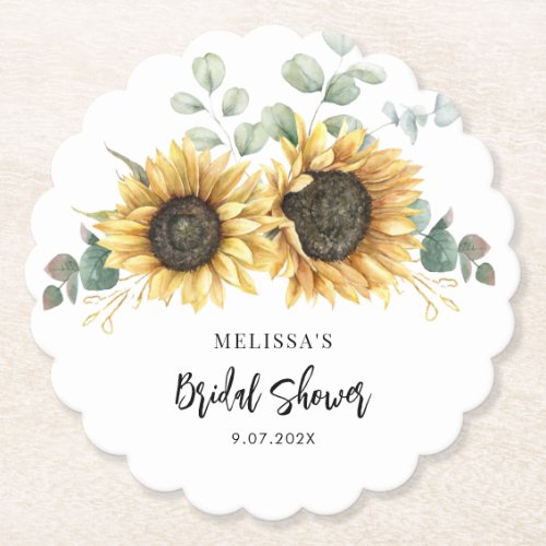 Sunflower Floral Bloom Script Bridal Shower Paper Coaster