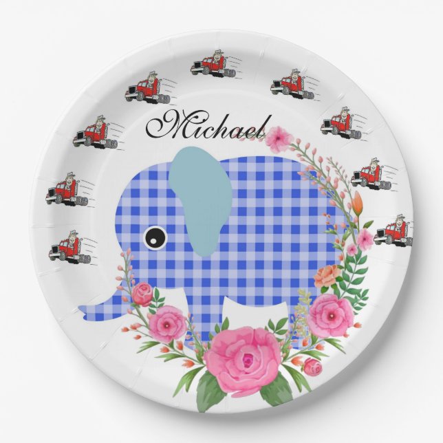 Sunflower Floral Blue Elephant Paper Plates (Front)