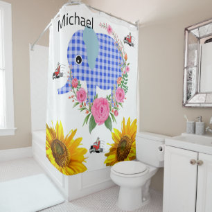 Sunflower Floral Blue Elephant Shower Curtain