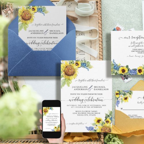 Sunflower Floral Blue Eucalyptus BOHO Chic Wedding Invitation