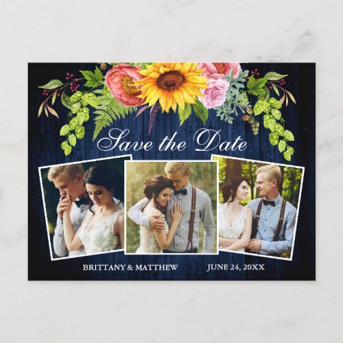 Sunflower Floral Blue Wood 3 Photo Save The Date Postcard