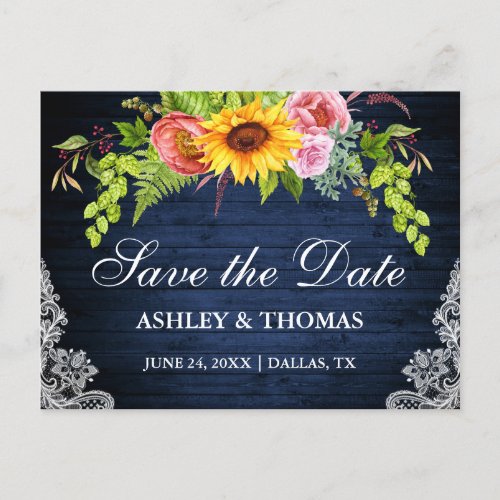 Sunflower Floral Blue Wood Lace Save The Date Invitation Postcard