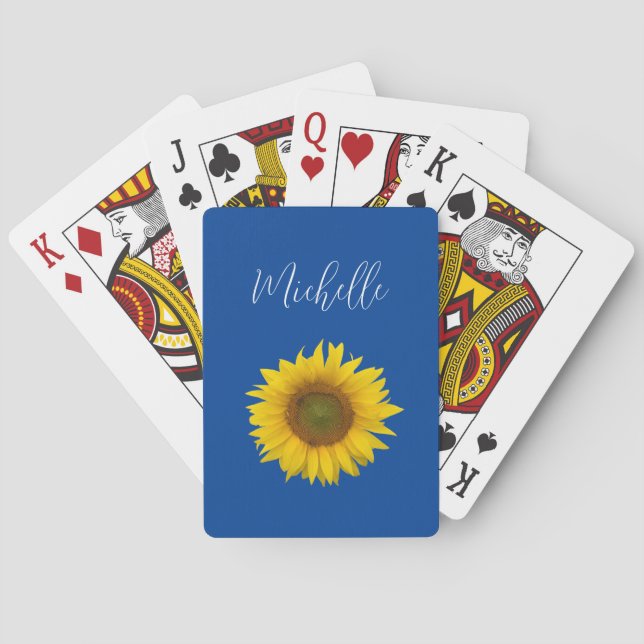 Sunflower Floral Botanical Blue Poker Cards (Back)