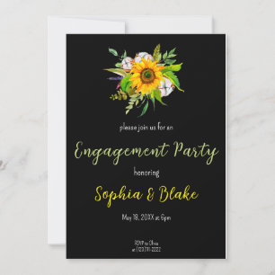 Sunflower Floral Bouquet Black Engagement Party Invitation