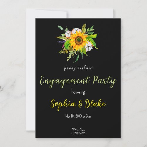 Sunflower Floral Bouquet Black Engagement Party Invitation