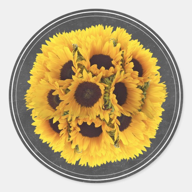 Sunflower Floral Bouquet Chalkboard Rustic Wedding Classic Round Sticker (Front)